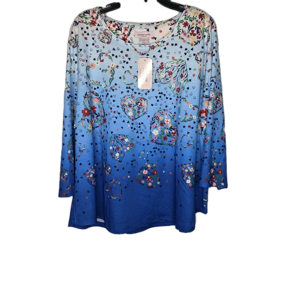 Allison Daley Womens Size 2X Blue Floral Hearts 3/4 Sleeve Crew Neck Knit Top